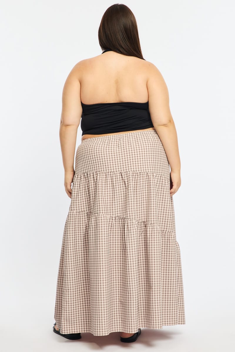 Beige Check Check Maxi Skirt Tiered for YouandAll Fashion