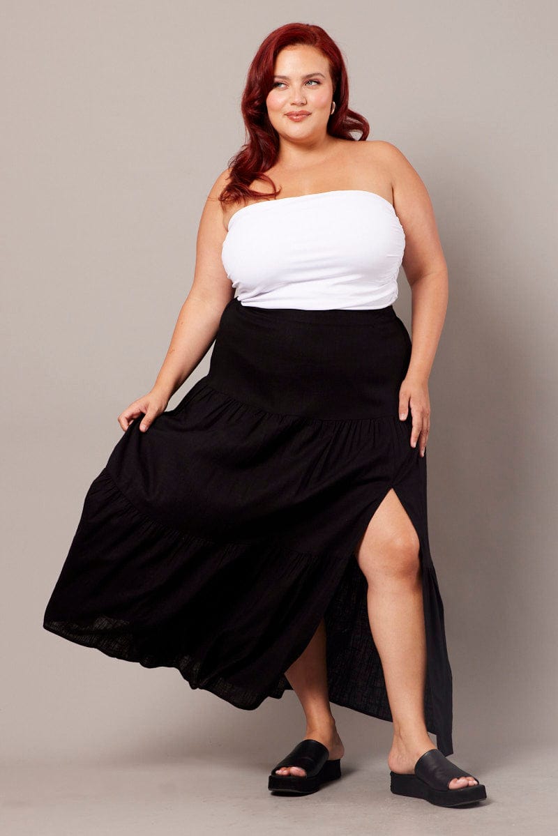 Black Maxi Skirt Linen Blend Split for YouandAll Fashion
