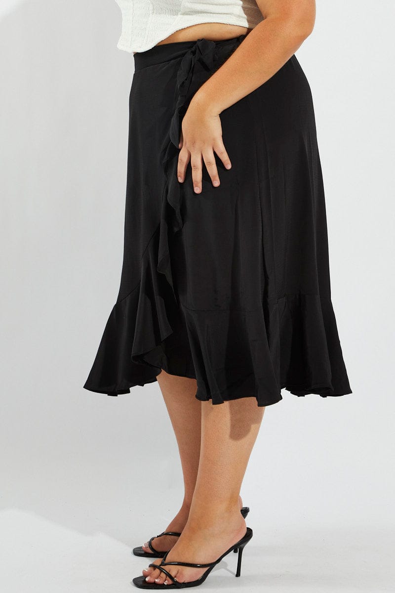 Black Wrap Frill Midi Skirt for YouandAll Fashion