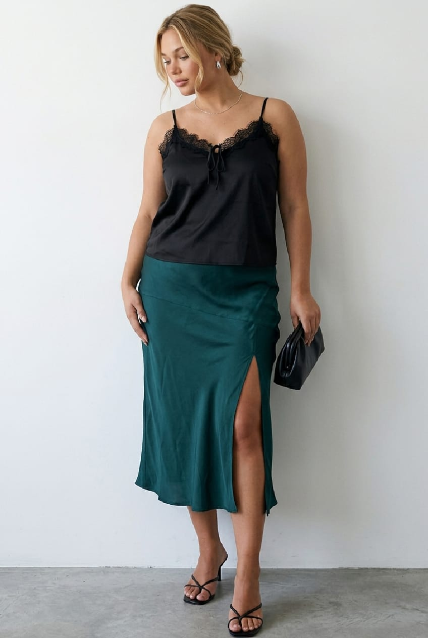 Green Midi Skirt High Waist Split Satin for YouandAll Fashion