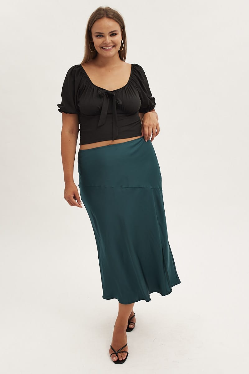 Green Midi Skirt High Waist Split Satin for YouandAll Fashion