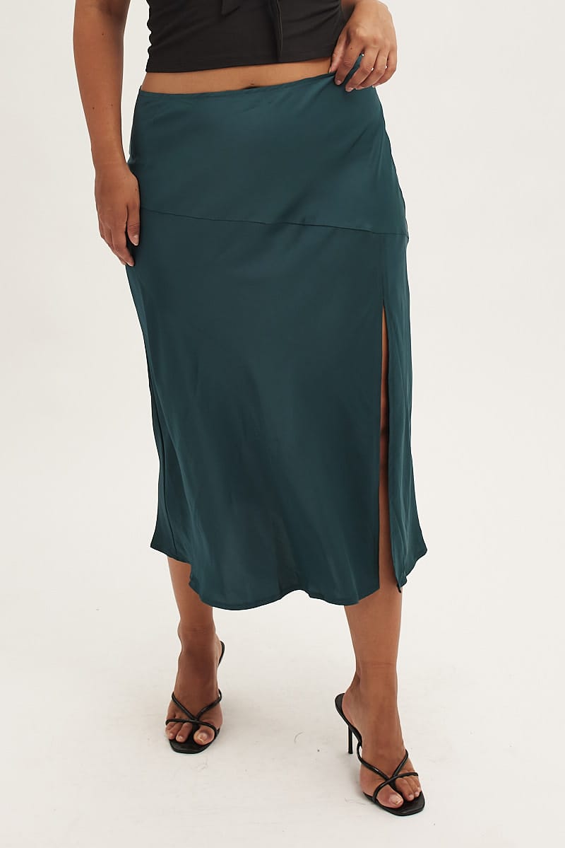Green Midi Skirt High Waist Split Satin for YouandAll Fashion