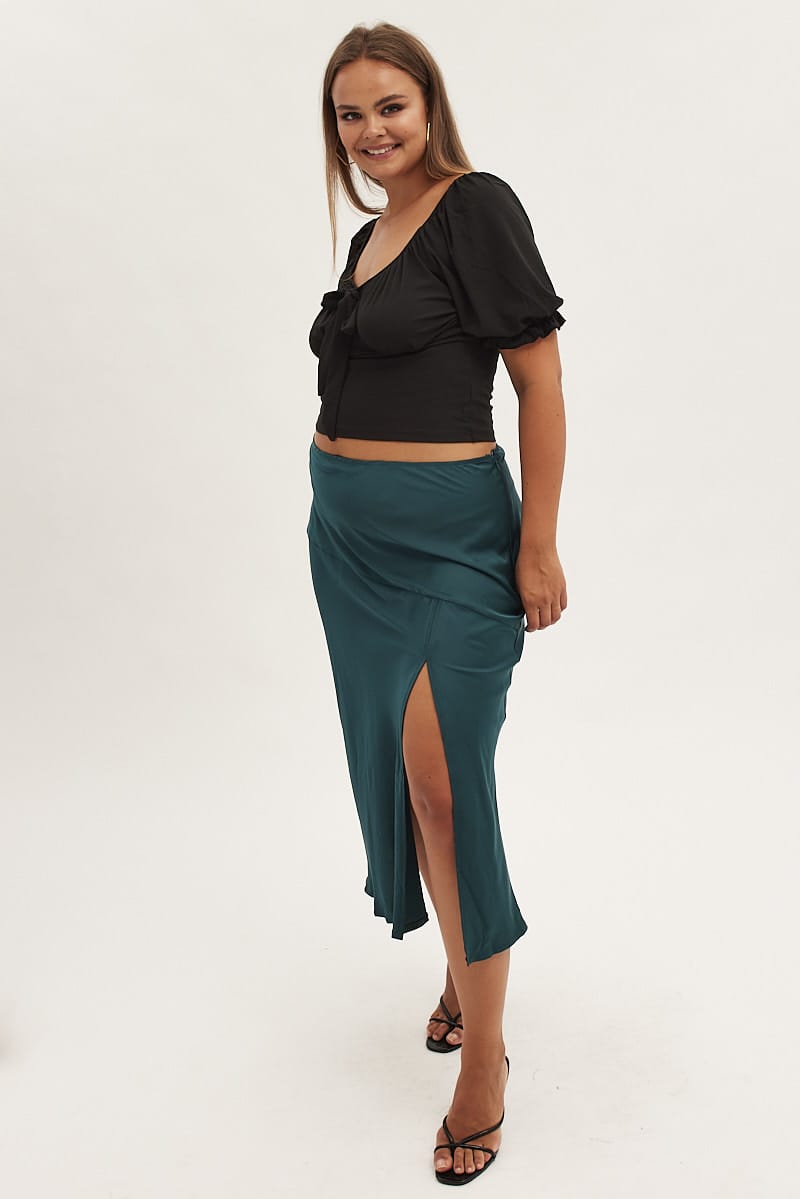 Green Midi Skirt High Waist Split Satin for YouandAll Fashion