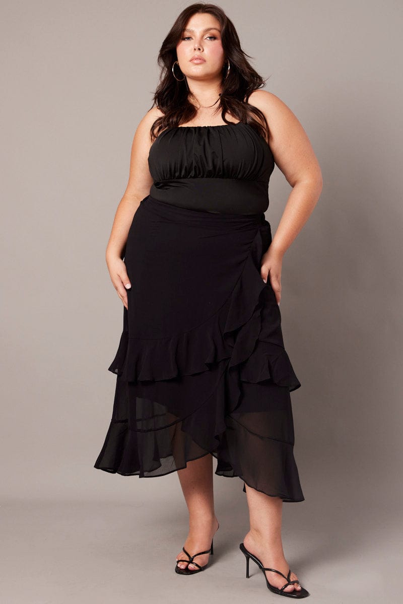 Black Frill Chiffon Midi Skirt for YouandAll Fashion