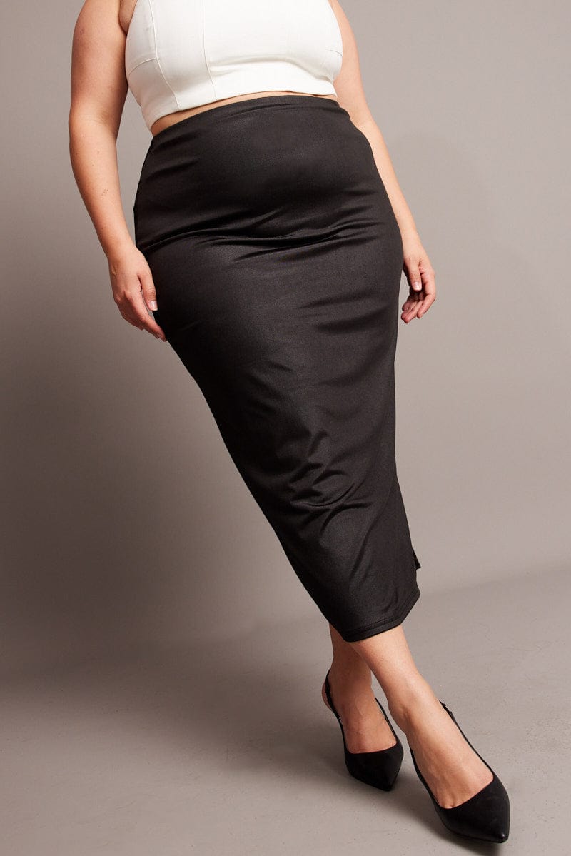 Black Wet Look Midi Skirt for YouandAll Fashion