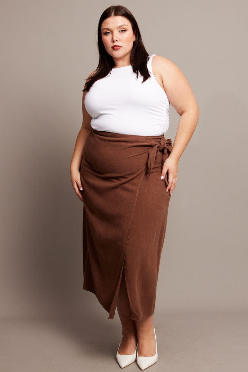 Brown Faux Wrap Linen Blend Midi Skirt for YouandAll Fashion