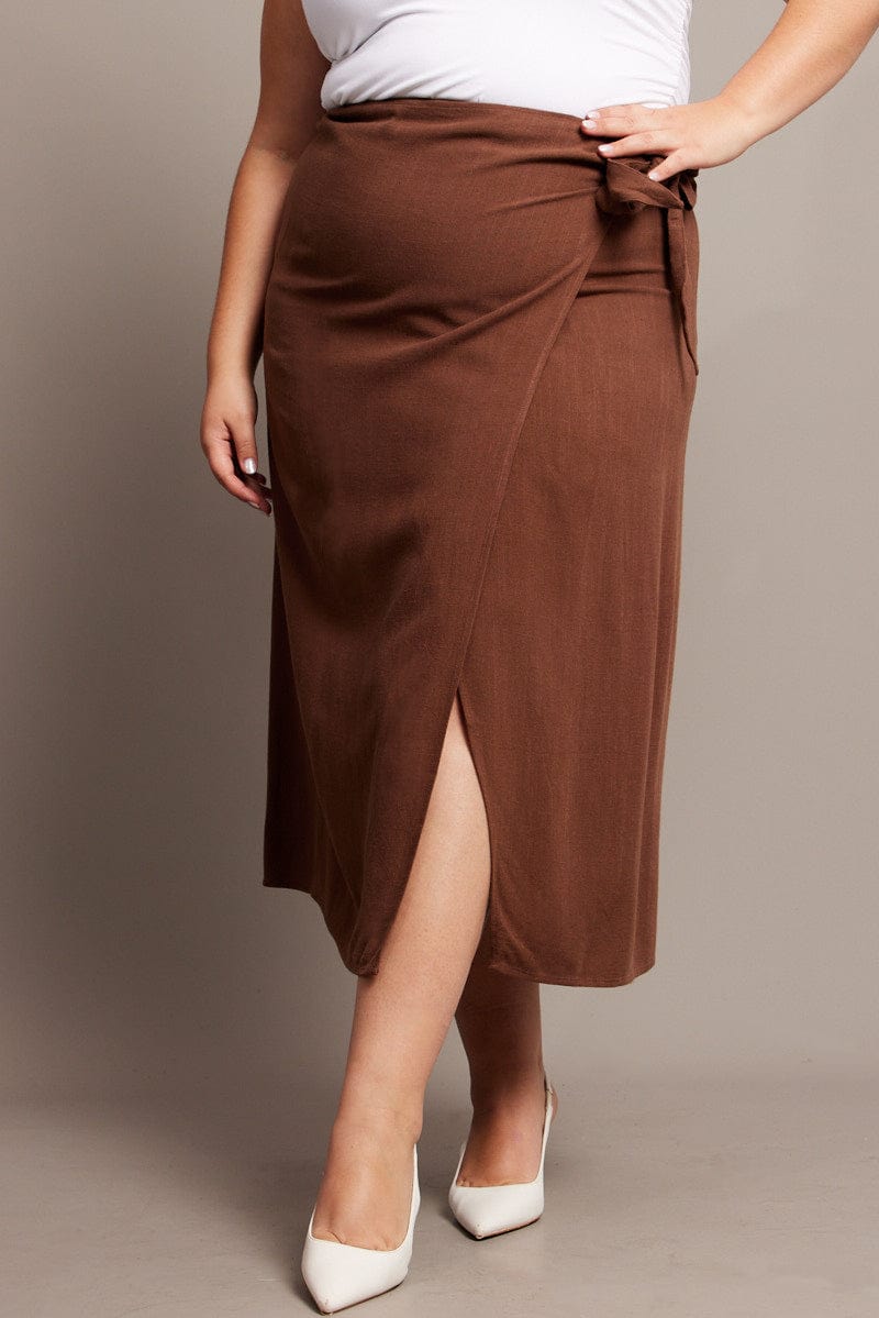 Brown Faux Wrap Linen Blend Midi Skirt for YouandAll Fashion