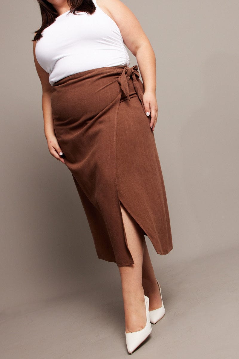 Brown Faux Wrap Linen Blend Midi Skirt for YouandAll Fashion