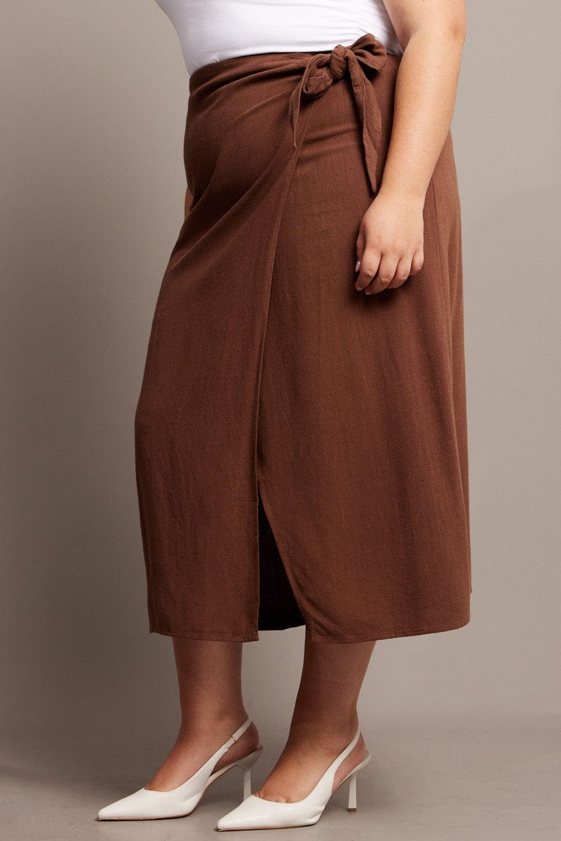 Brown Faux Wrap Linen Blend Midi Skirt for YouandAll Fashion