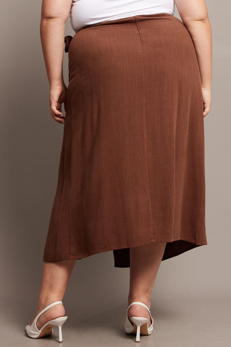 Brown Faux Wrap Linen Blend Midi Skirt for YouandAll Fashion