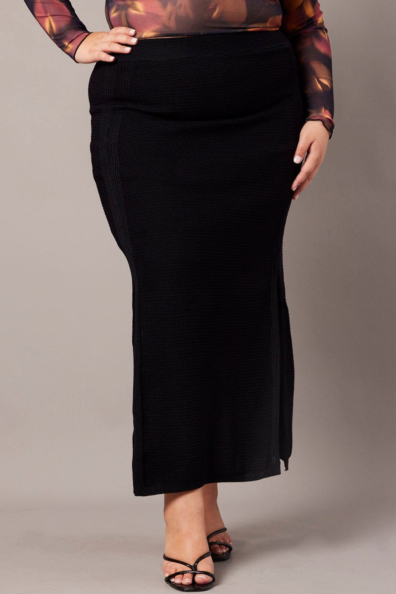 Black Double Split Knit Midi Skirt for YouandAll Fashion
