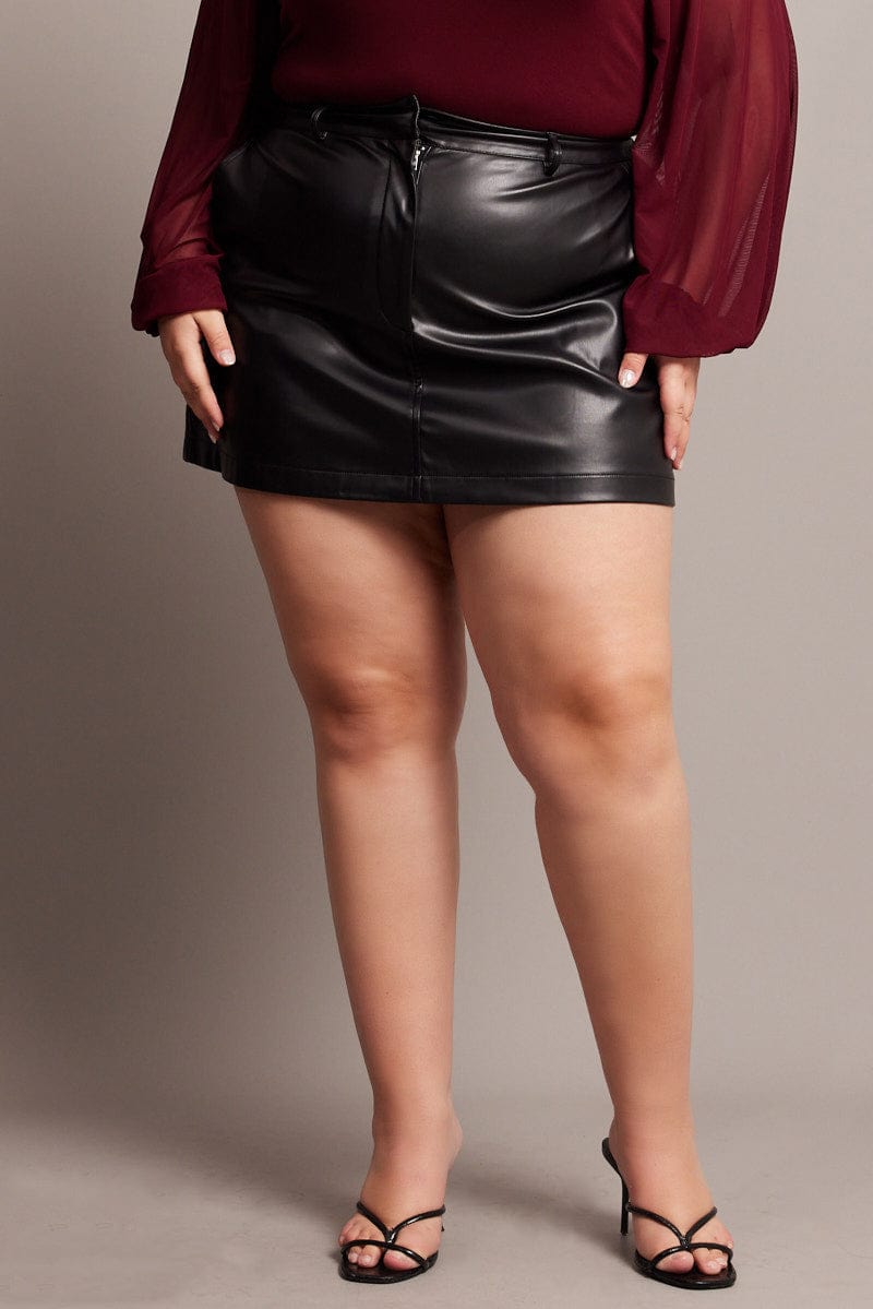 Black Faux Leather A-Line Mini Skirt for YouandAll Fashion