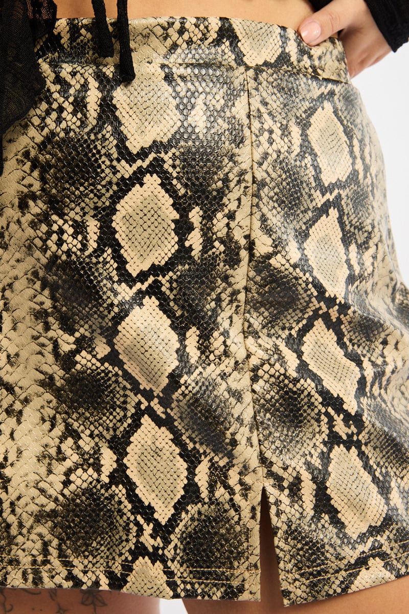 Beige Animal Print Faux Leather Snake Print Split Mini Skirts Skorts for YouandAll Fashion
