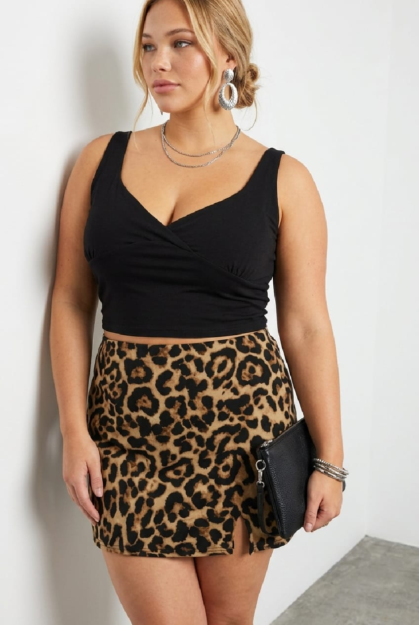 Brown Animal Print Jersey Split Leopard Mini Skirt for YouandAll Fashion