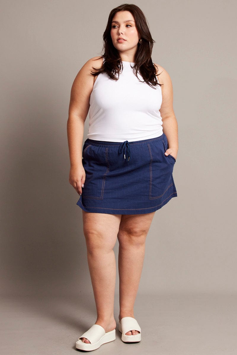 Blue Contrast Stitch Cotton Mini Skirt for YouandAll Fashion