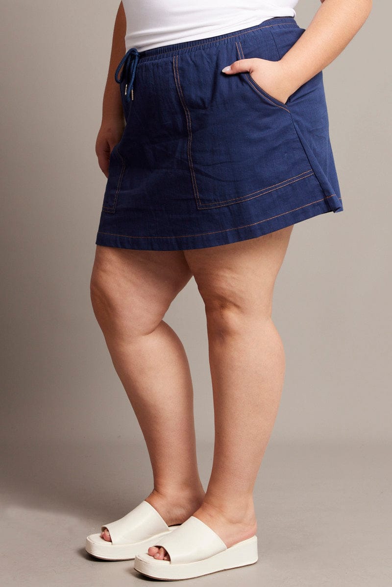 Blue Contrast Stitch Cotton Mini Skirt for YouandAll Fashion