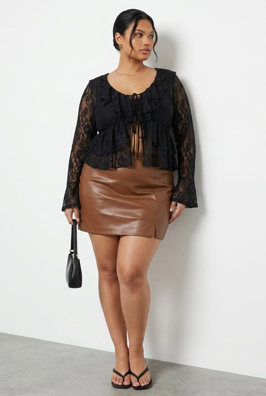 Brown Faux Leather Split Front Mini Skirt for YouandAll Fashion