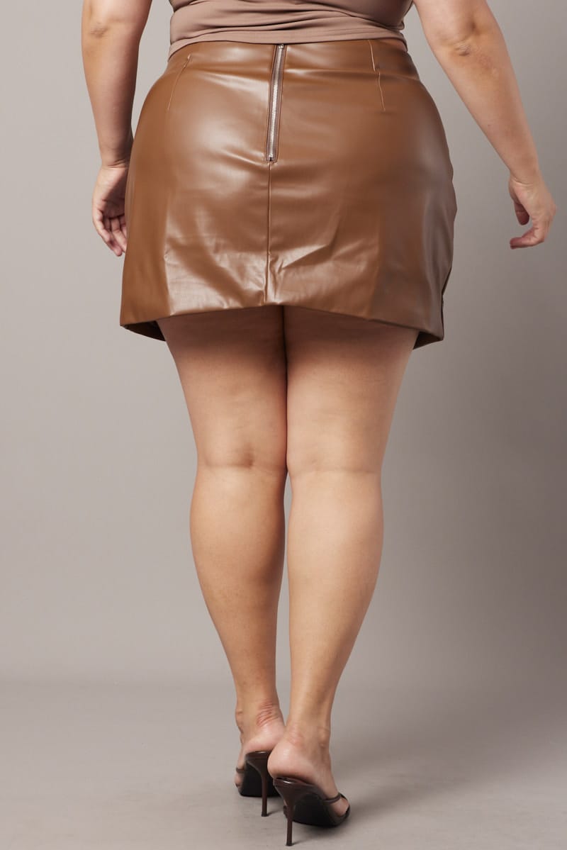 Brown Faux Leather Split Front Mini Skirt for YouandAll Fashion