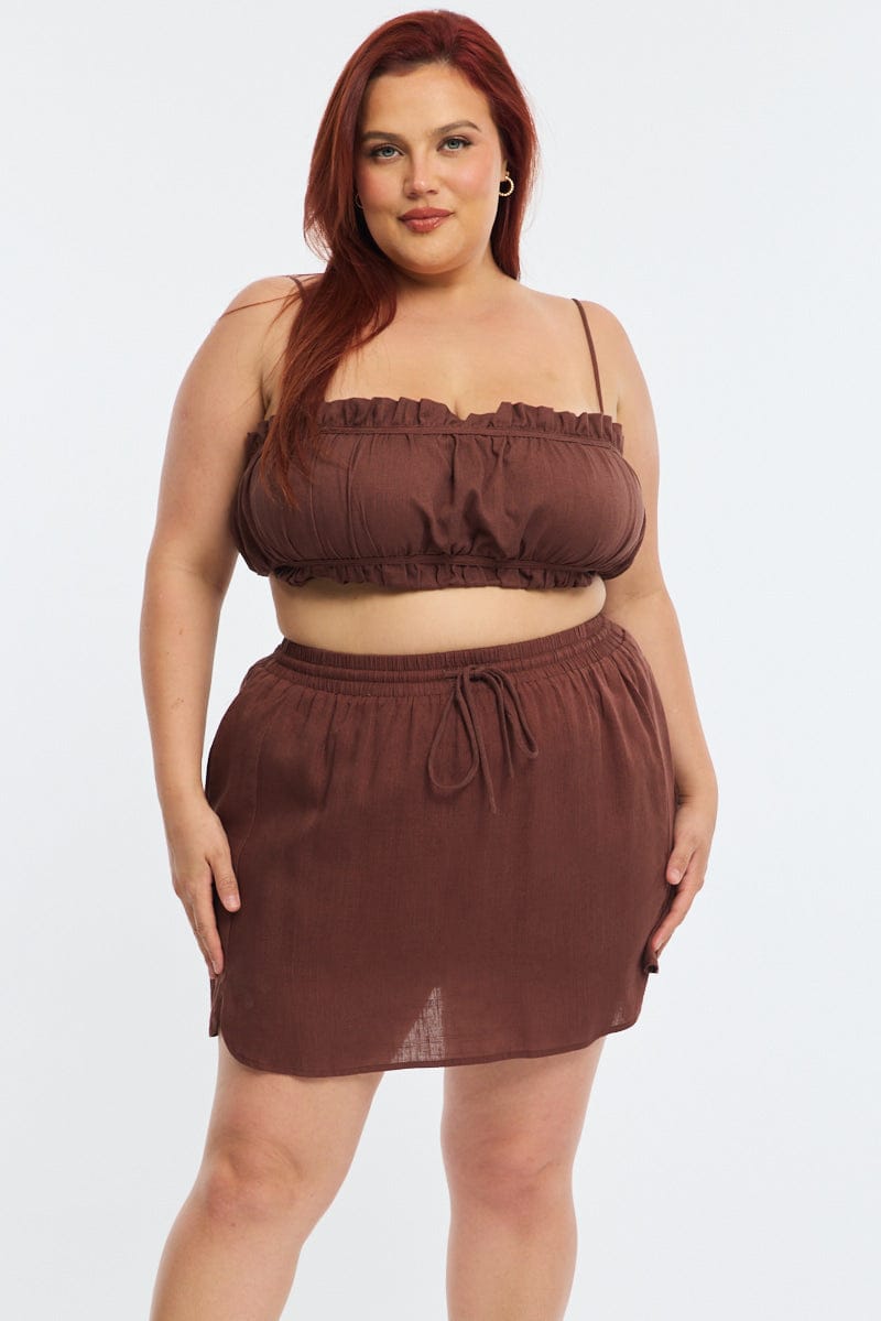 Brown Mini Skort Linen Blend for YouandAll Fashion