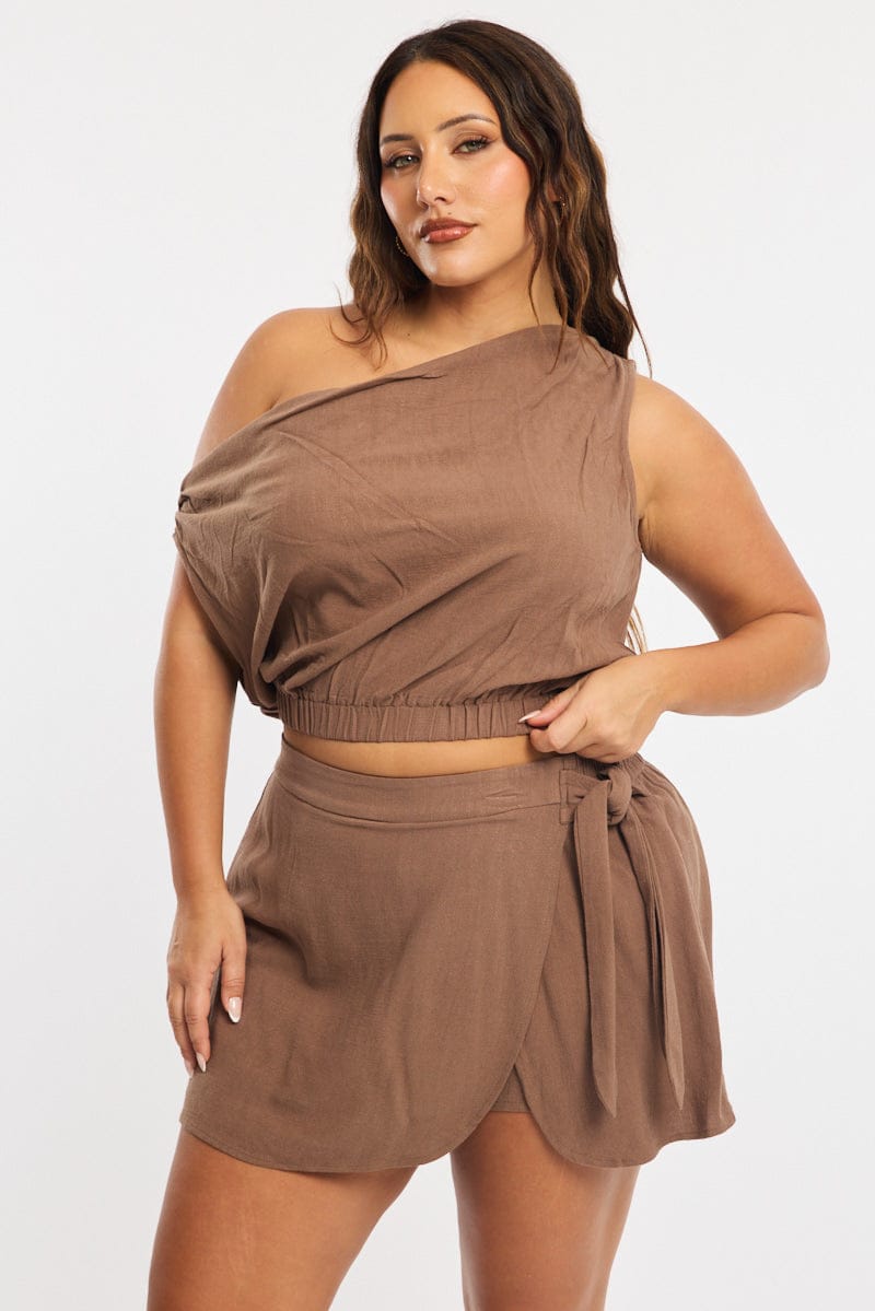 Brown Mini Skirt Tie Waist Linen Blend for YouandAll Fashion