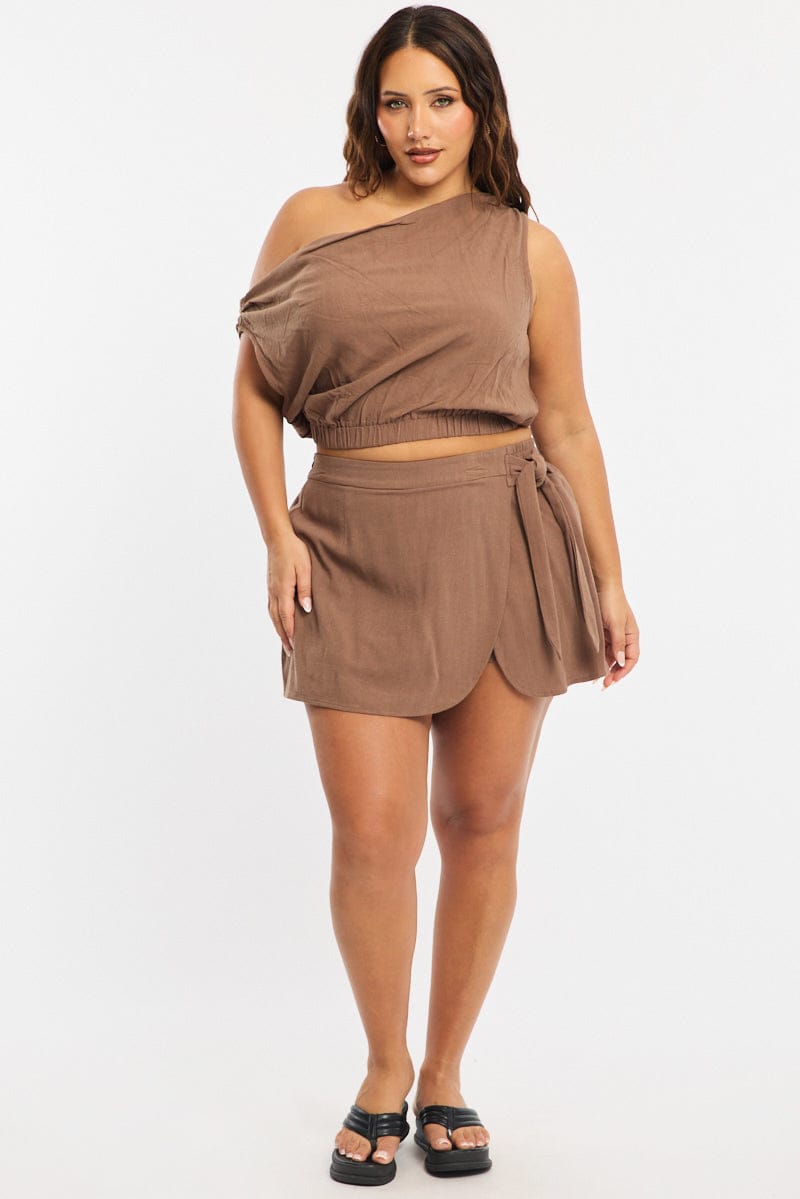 Brown Mini Skirt Tie Waist Linen Blend for YouandAll Fashion