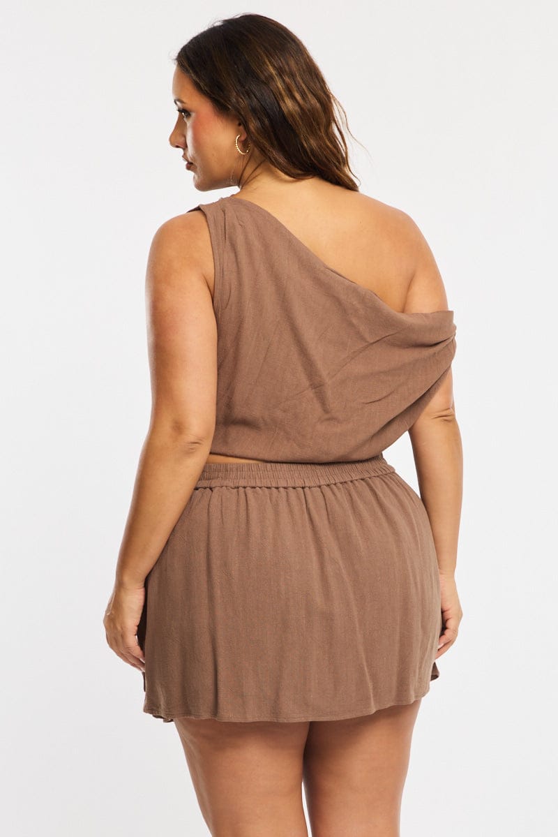 Brown Mini Skirt Tie Waist Linen Blend for YouandAll Fashion