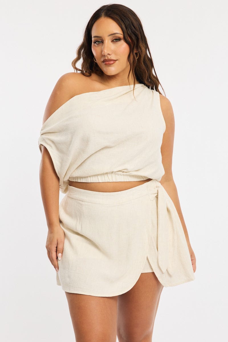 Beige Mini Skirt Tie Waist Linen Blend for YouandAll Fashion