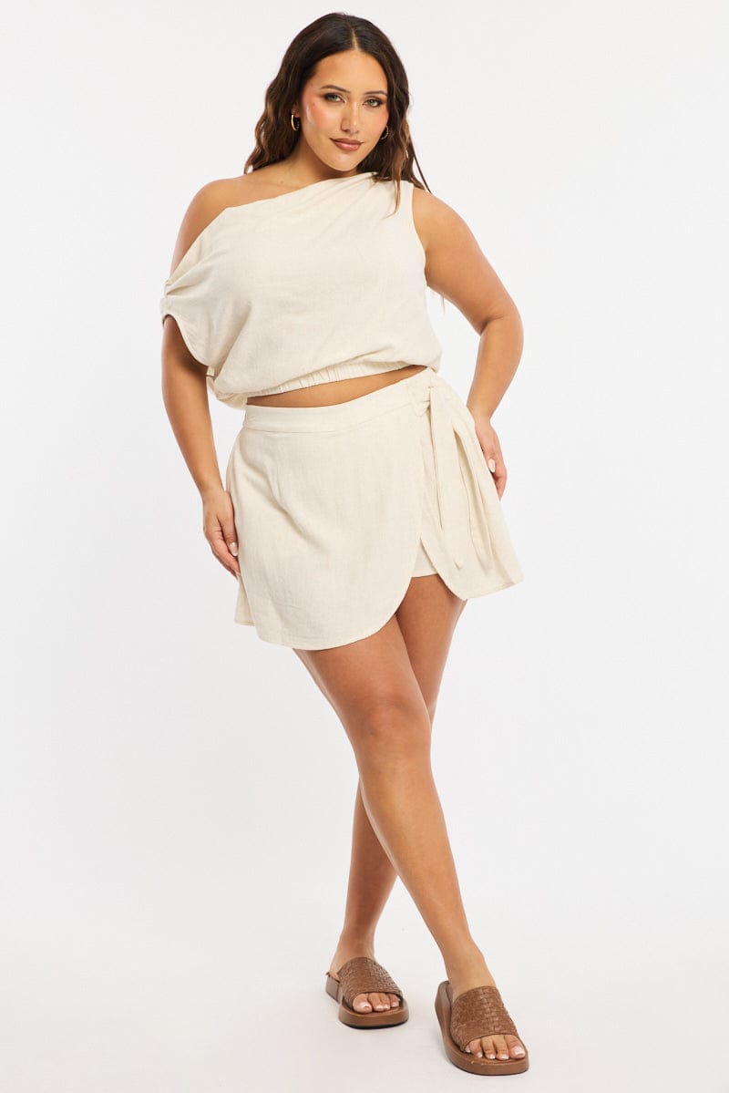 Beige Mini Skirt Tie Waist Linen Blend for YouandAll Fashion