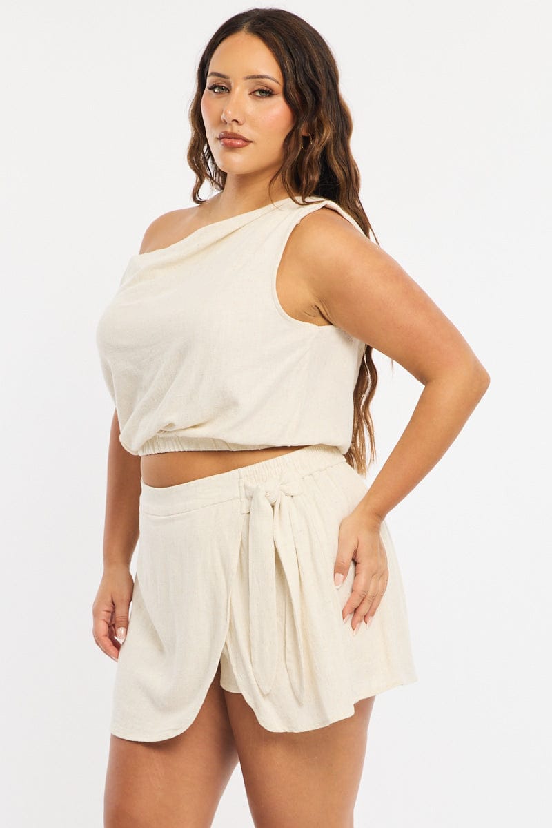 Beige Mini Skirt Tie Waist Linen Blend for YouandAll Fashion