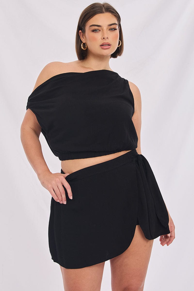 Black Mini Skirt Tie Waist Linen Blend for YouandAll Fashion