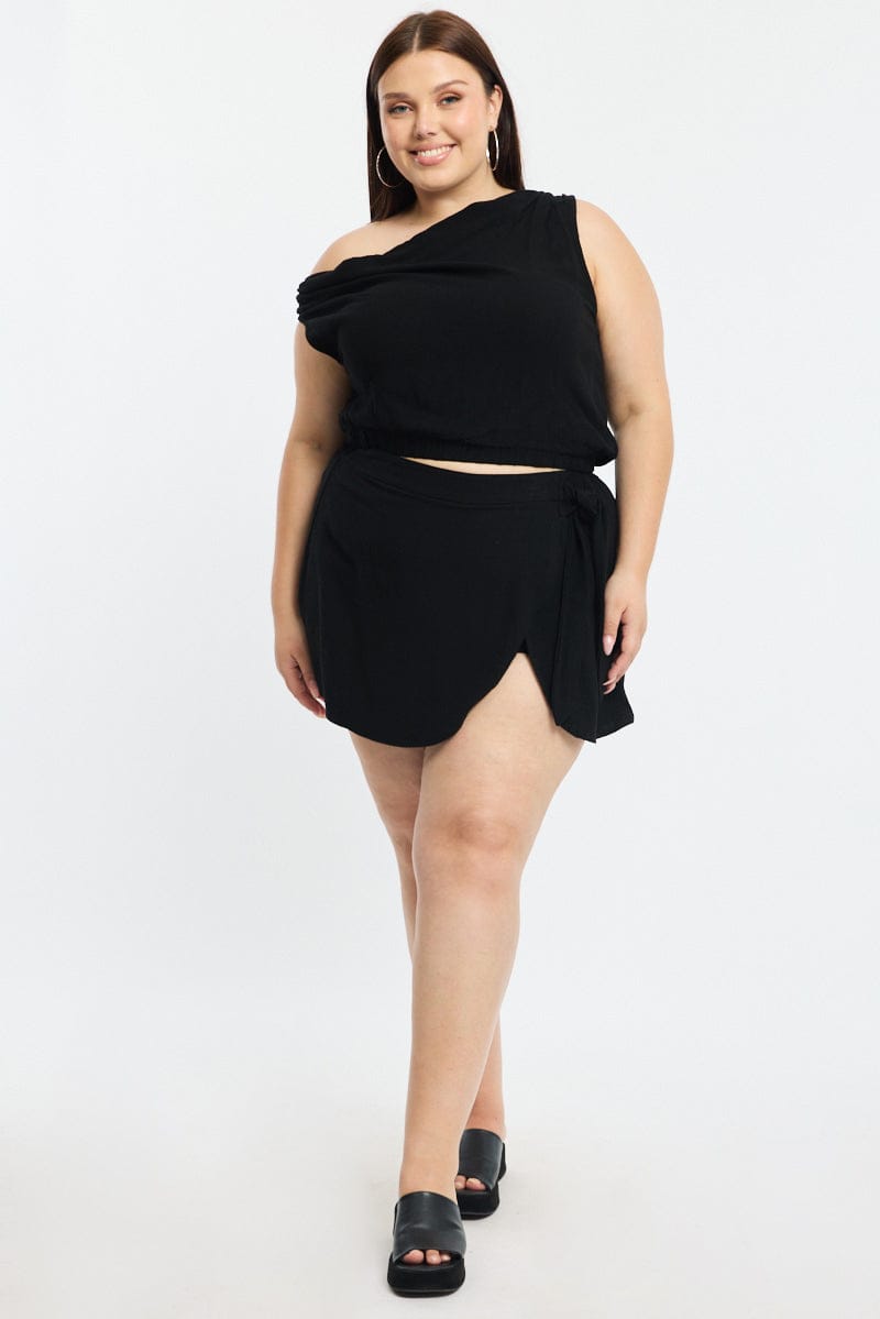 Black Mini Skirt Tie Waist Linen Blend for YouandAll Fashion