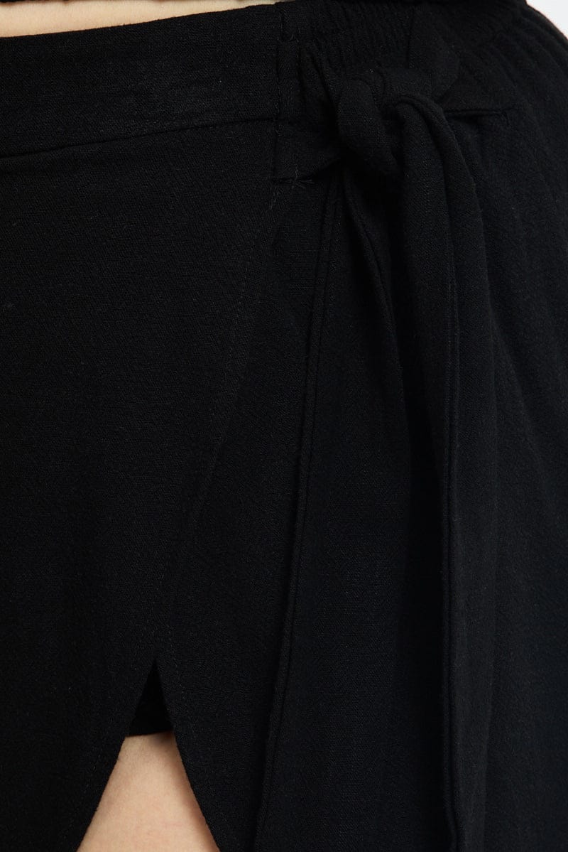 Black Mini Skirt Tie Waist Linen Blend for YouandAll Fashion