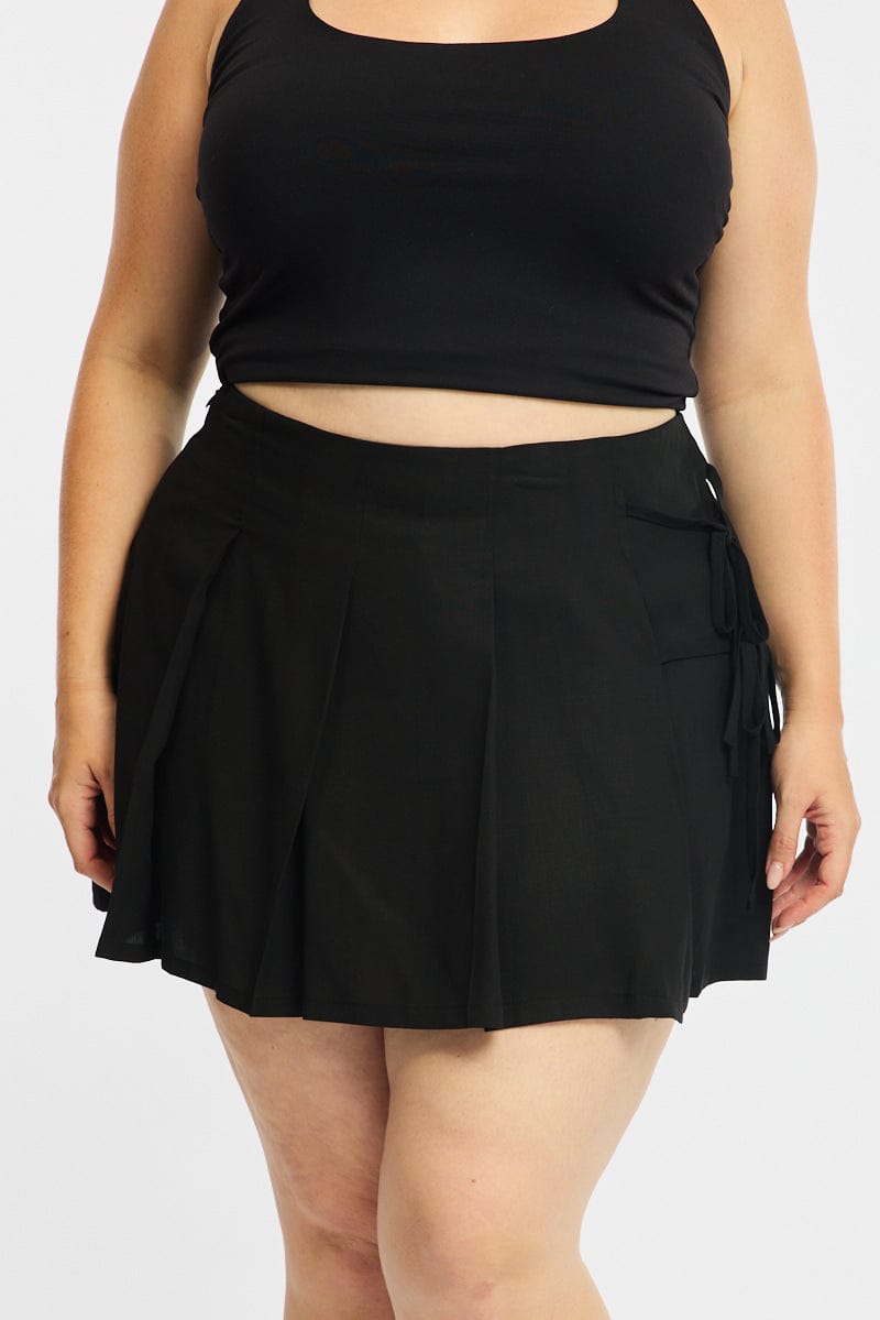 Black Pleated Mini Skirt Side Tie for YouandAll Fashion