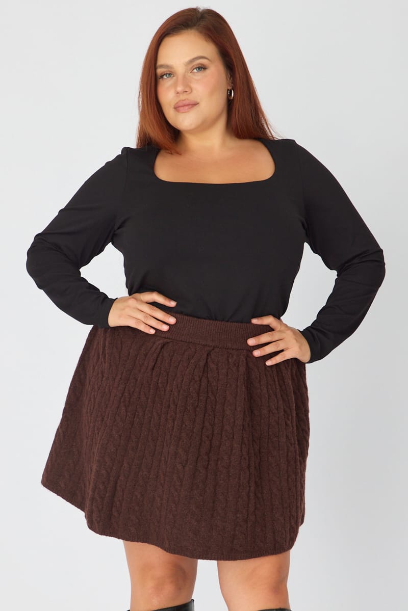 Brown Knit Skater Skirt Mini Cable for YouandAll Fashion