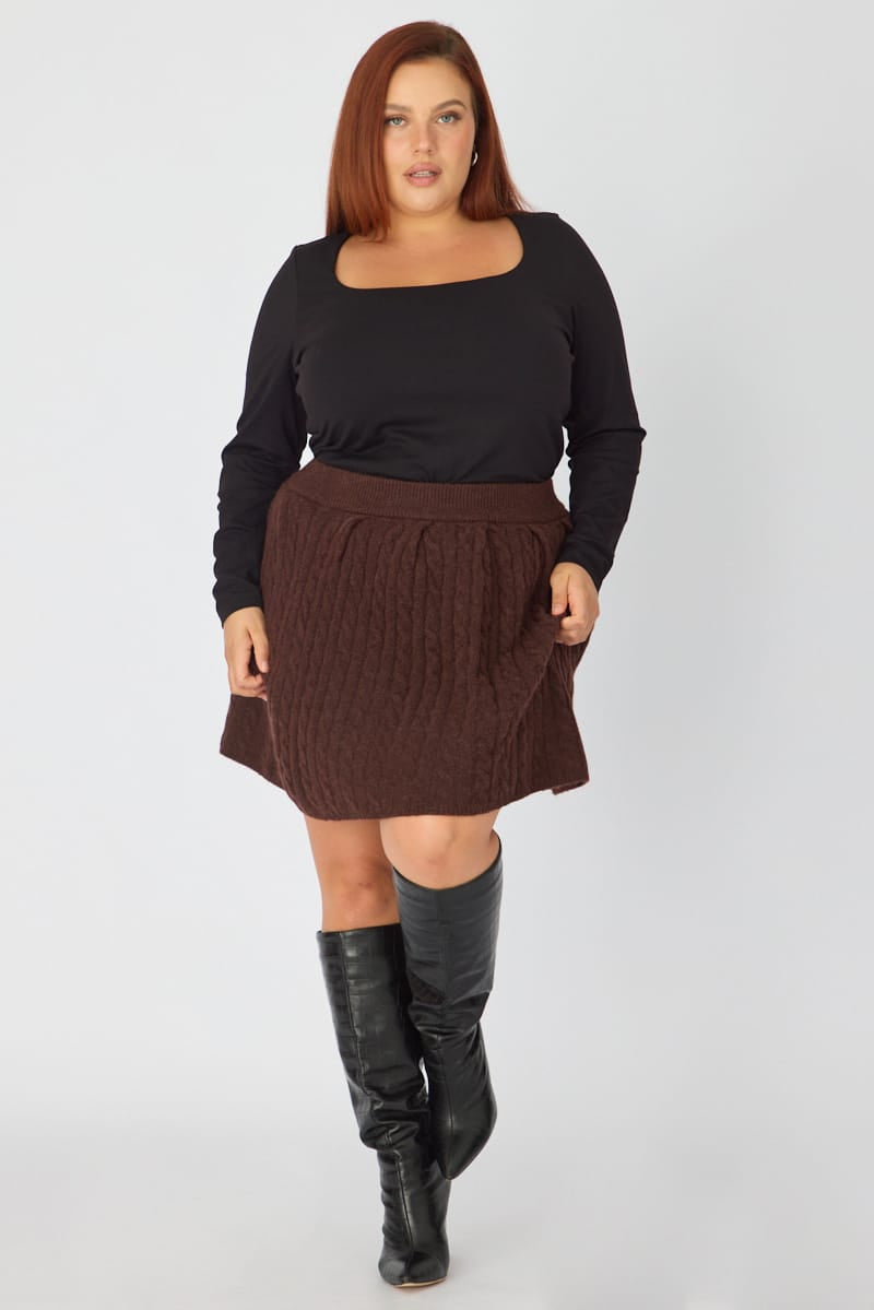 Brown Knit Skater Skirt Mini Cable for YouandAll Fashion