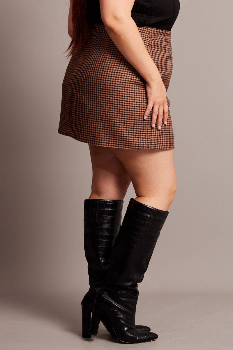 Brown Check Split Mini Skirt for YouandAll Fashion