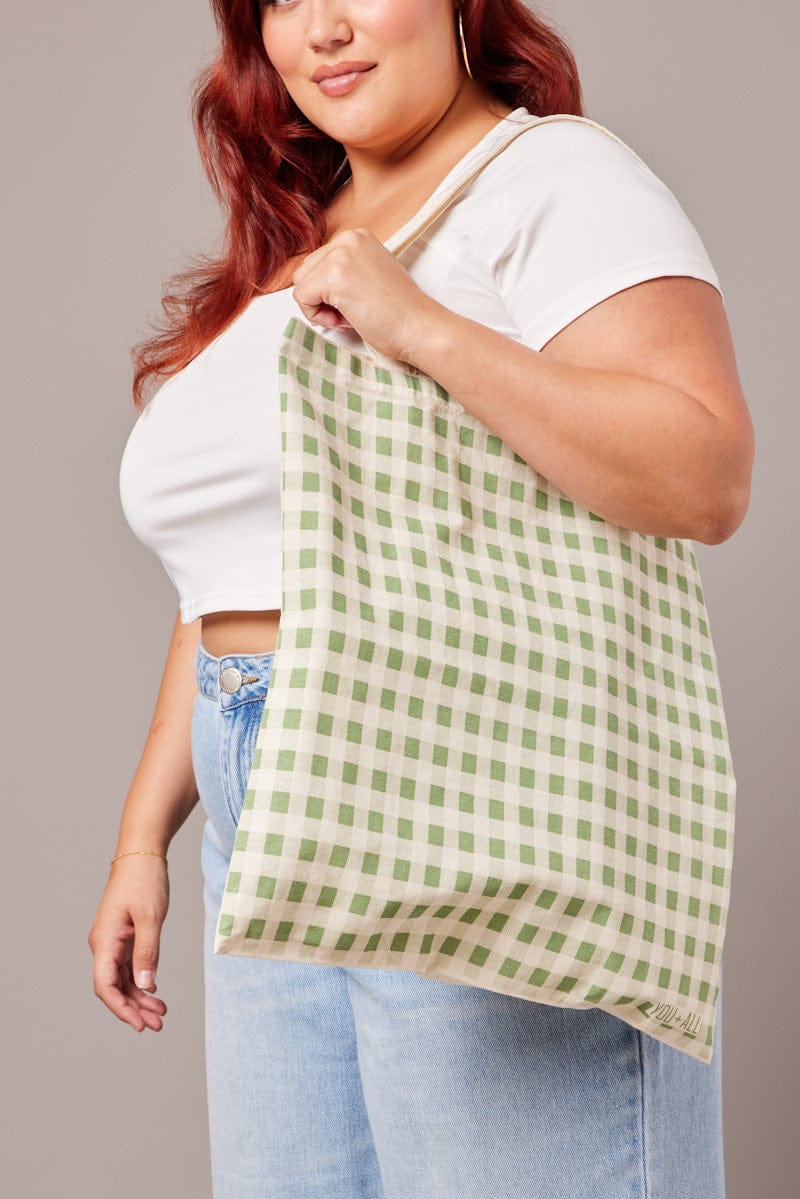 Green Check Printed Tote Bag Gingham for YouandAll Fashion