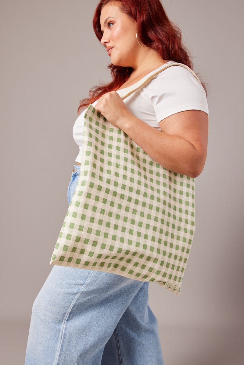 Green Check Printed Tote Bag Gingham for YouandAll Fashion