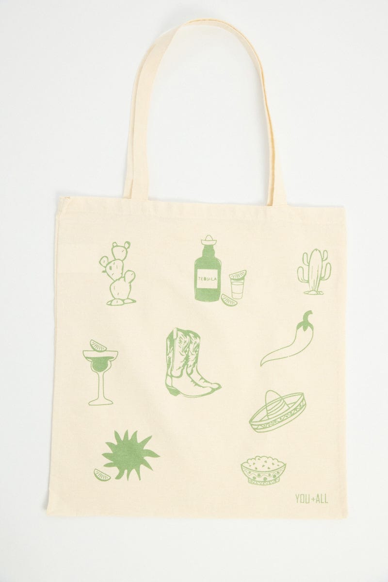 Green Print Tote Bag Printed Mexican Motifs for YouandAll Fashion