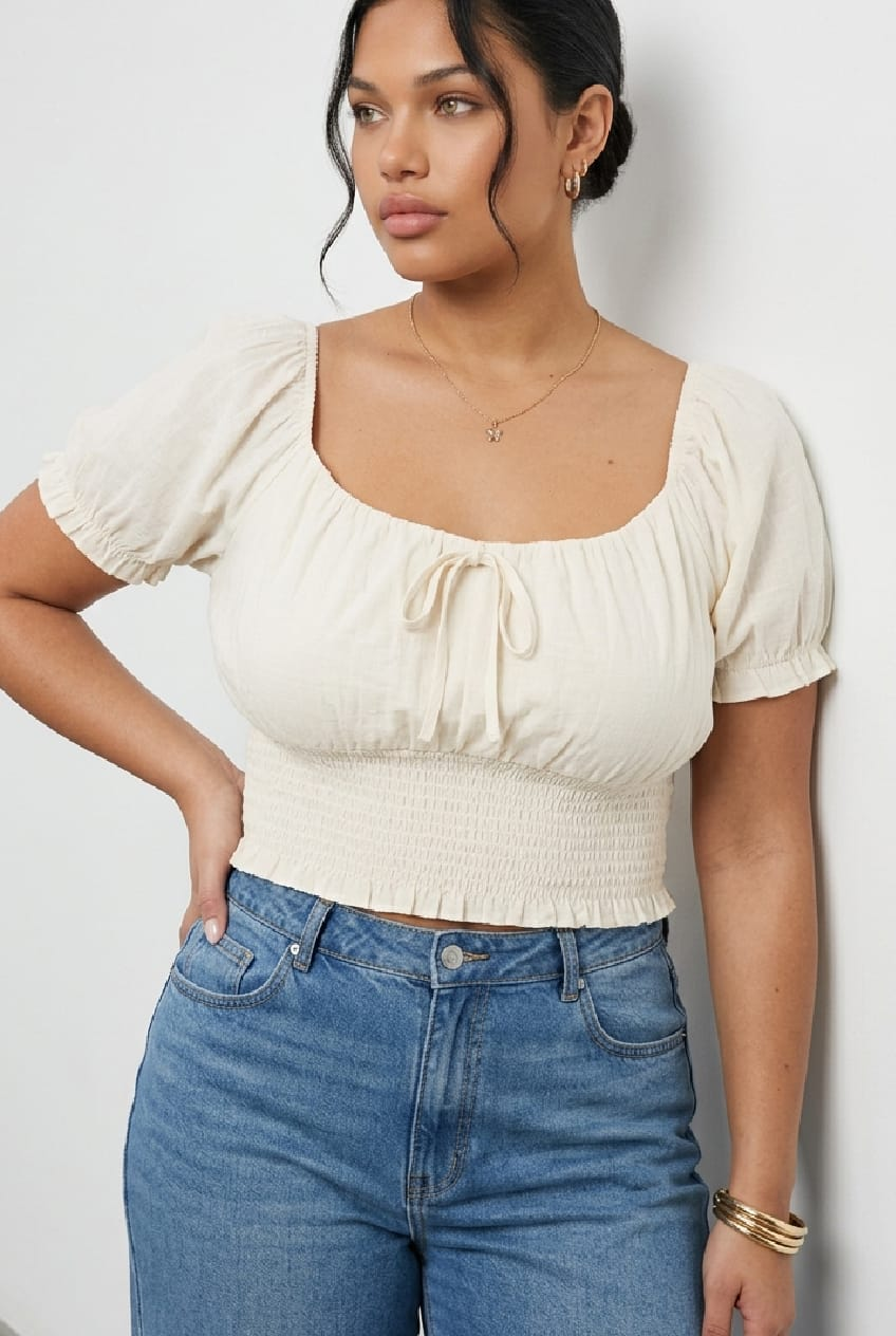 White Crop Top Short Sleeve Gathered Bust for YouandAll Fashion