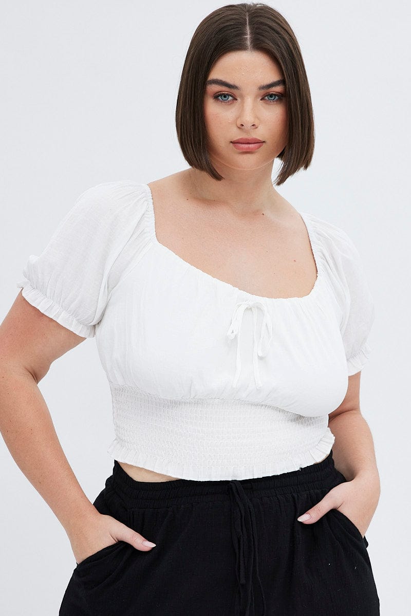 White Crop Top Short Sleeve Gathered Bust for YouandAll Fashion