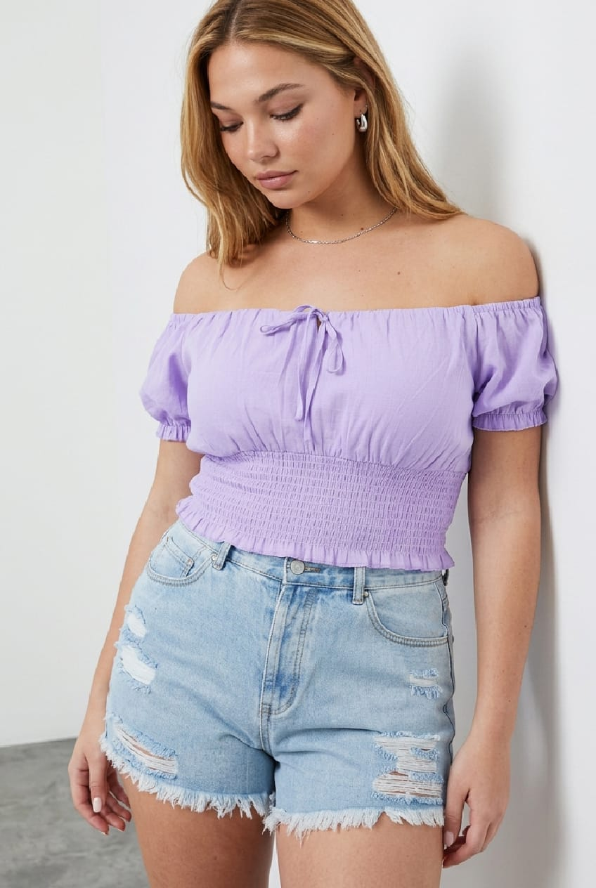 Purple Crop Top Short Sleeve Ruched Bust for YouandAll Fashion