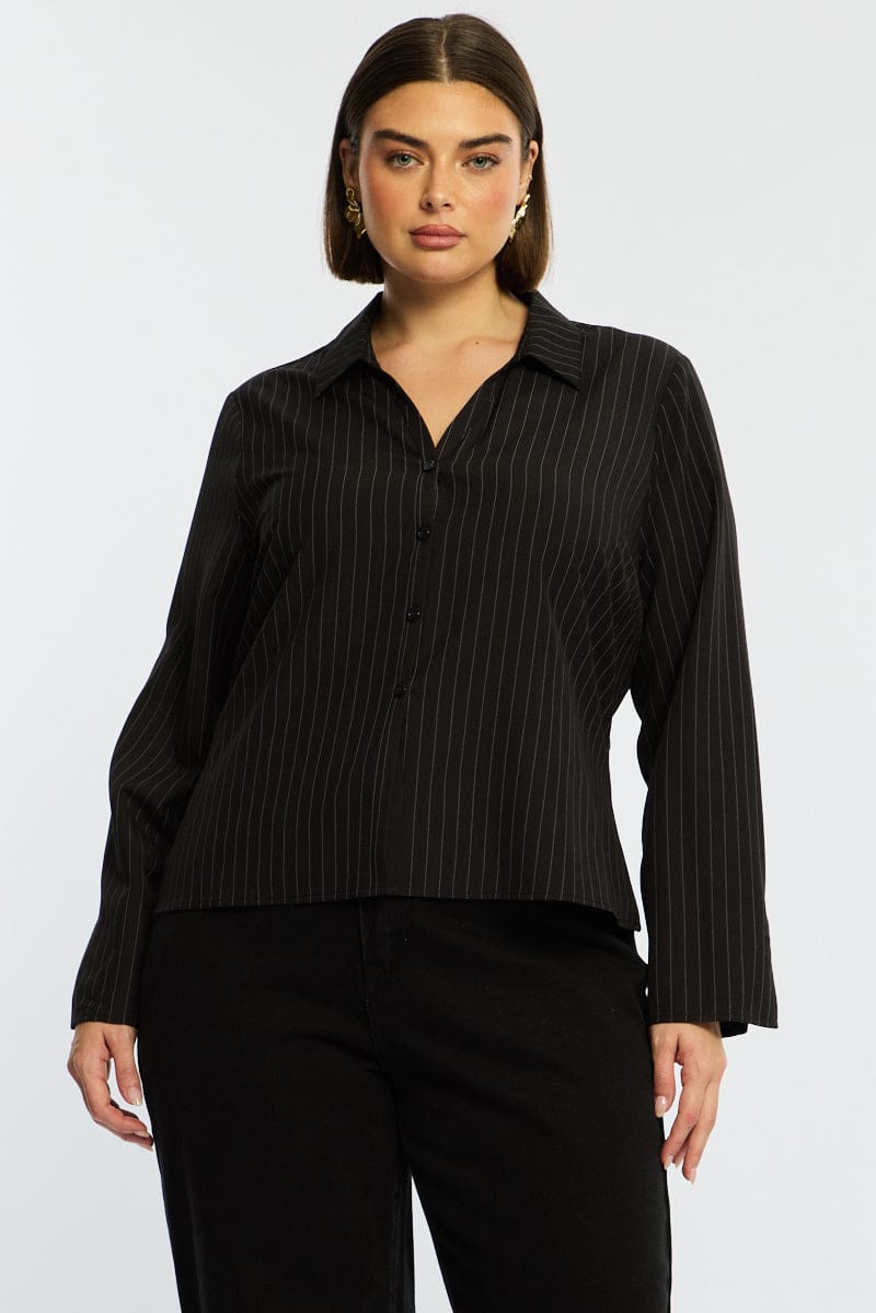 Black Stripe Shirt Long Sleeves Collared Button Up Pinstripe for YouandAll Fashion