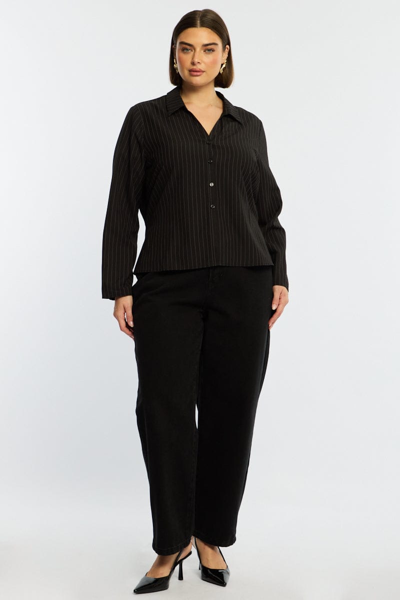Black Stripe Shirt Long Sleeves Collared Button Up Pinstripe for YouandAll Fashion