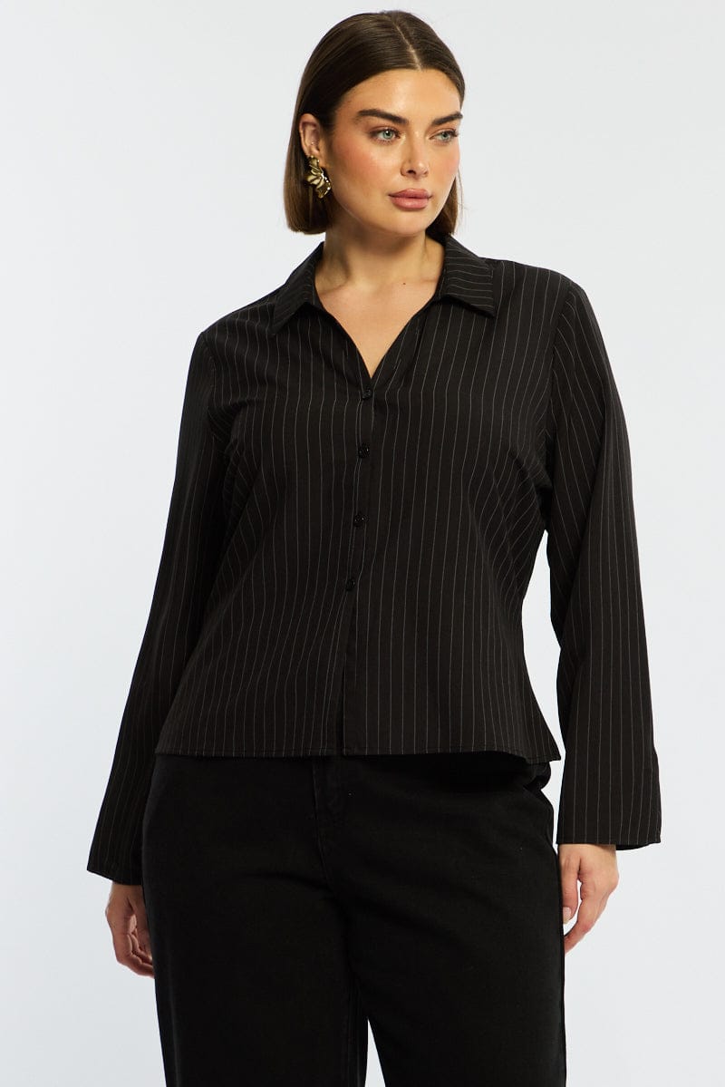 Black Stripe Shirt Long Sleeves Collared Button Up Pinstripe for YouandAll Fashion