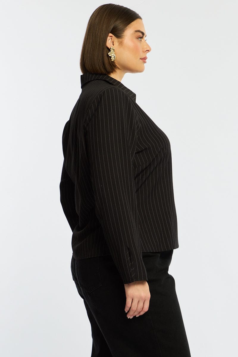Black Stripe Shirt Long Sleeves Collared Button Up Pinstripe for YouandAll Fashion