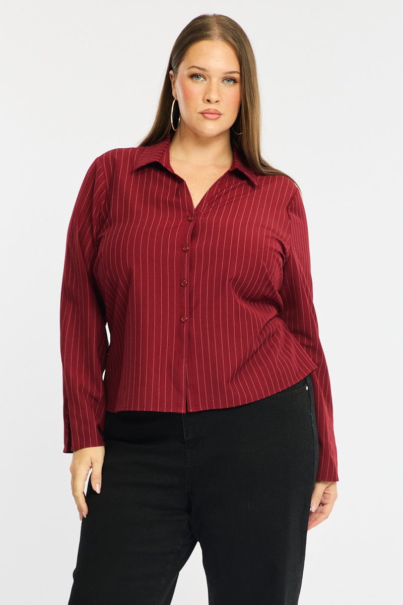 Red Stripe Shirt Long Sleeves Collared Button Up Pinstripe for YouandAll Fashion
