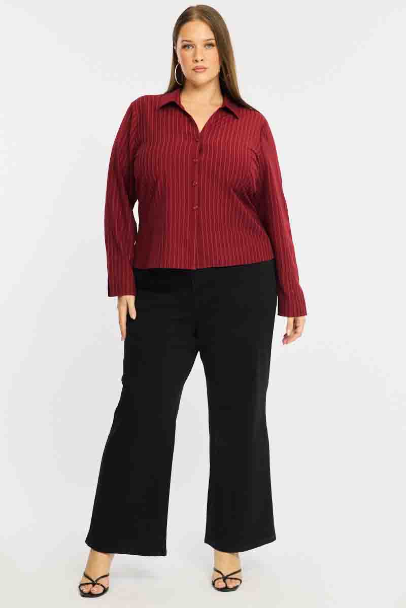 Red Stripe Shirt Long Sleeves Collared Button Up Pinstripe for YouandAll Fashion