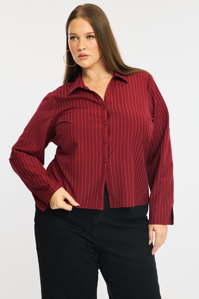 Red Stripe Shirt Long Sleeves Collared Button Up Pinstripe for YouandAll Fashion