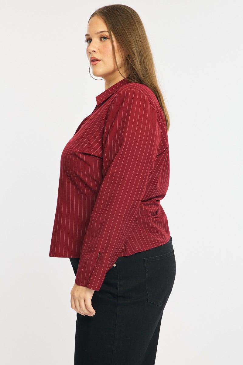 Red Stripe Shirt Long Sleeves Collared Button Up Pinstripe for YouandAll Fashion